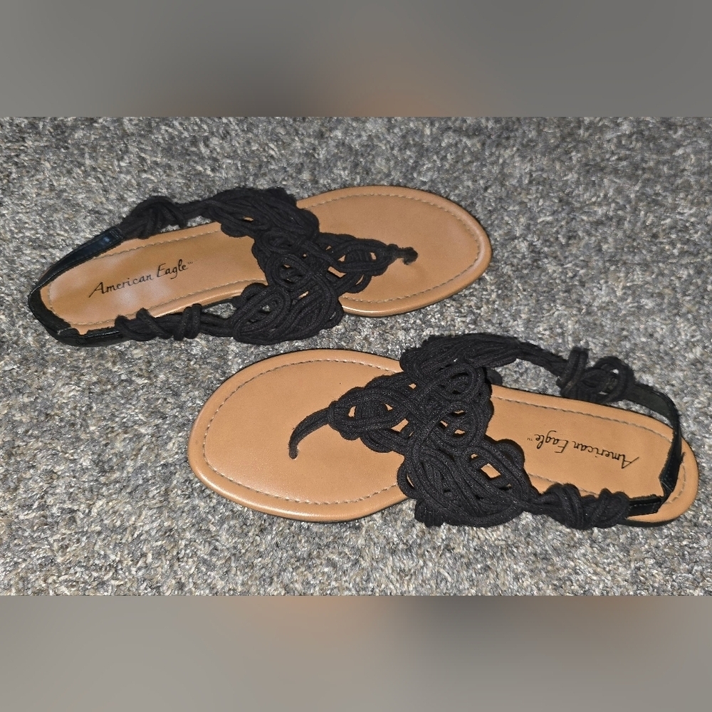 American Eagle Womens Black Woven Braided Sling Back Thong Flats Sandals Size 7 - Picture 3 of 6